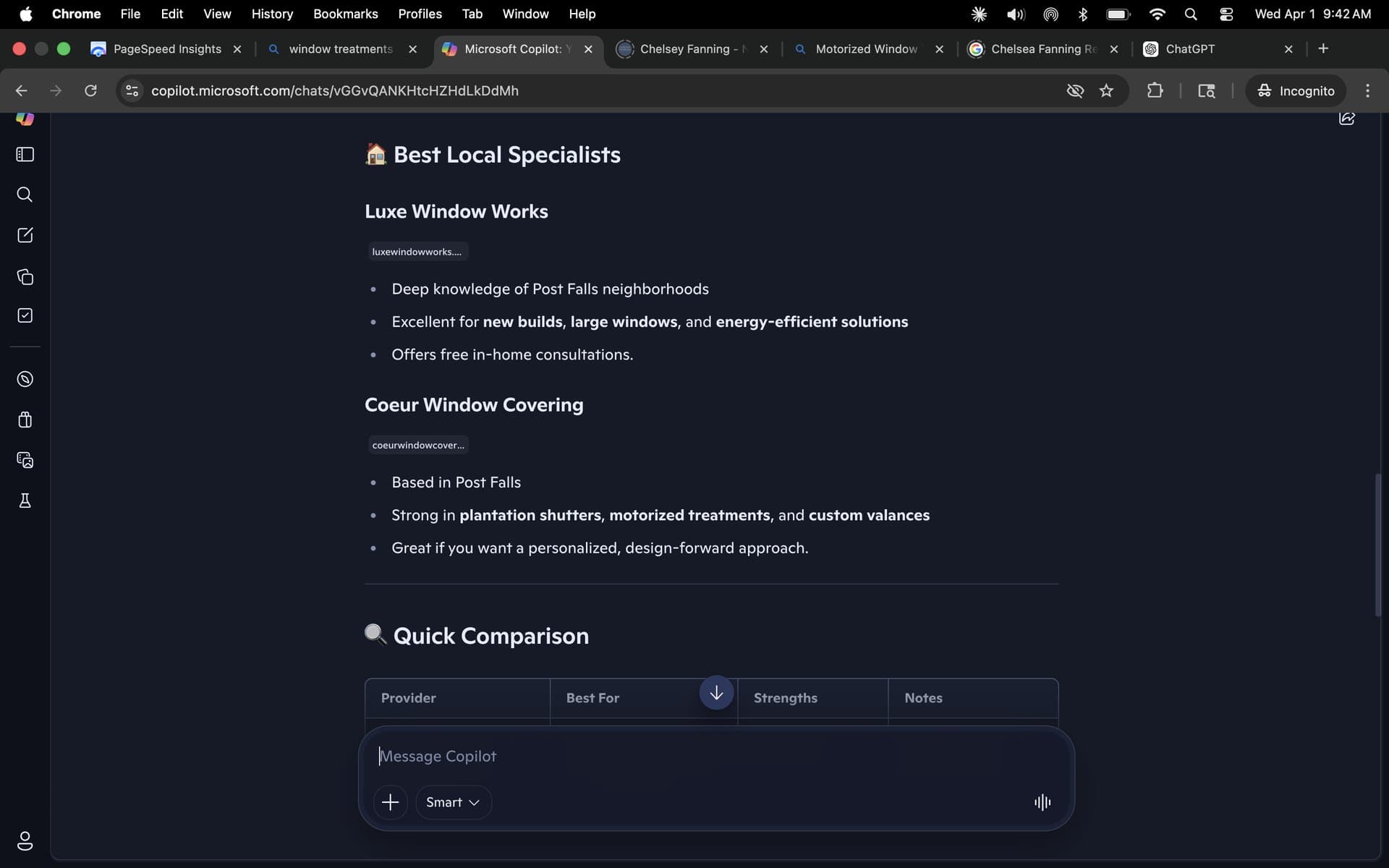 Bing Copilot lists Luxe Window Works first among Best Local Specialists, citing luxewindowworks.com, ahead of Coeur Window Covering. Captured Apr 1, 2026.