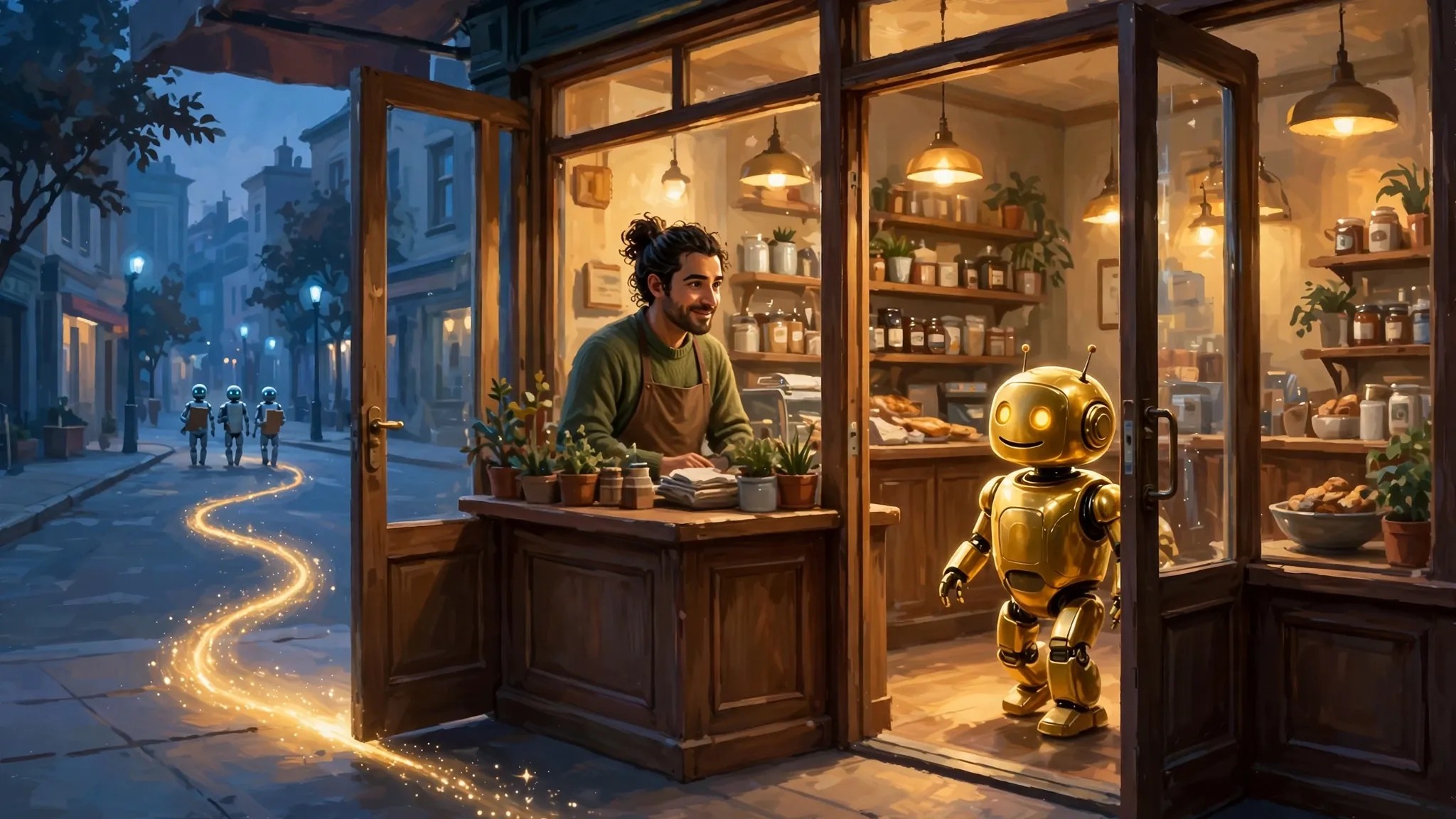 A golden robot steps back through the open door of a warmly lit small business at dusk, following a trail of golden light to the counter where the owner waits, while small blue-gray robots with clipboards walk away down the street.