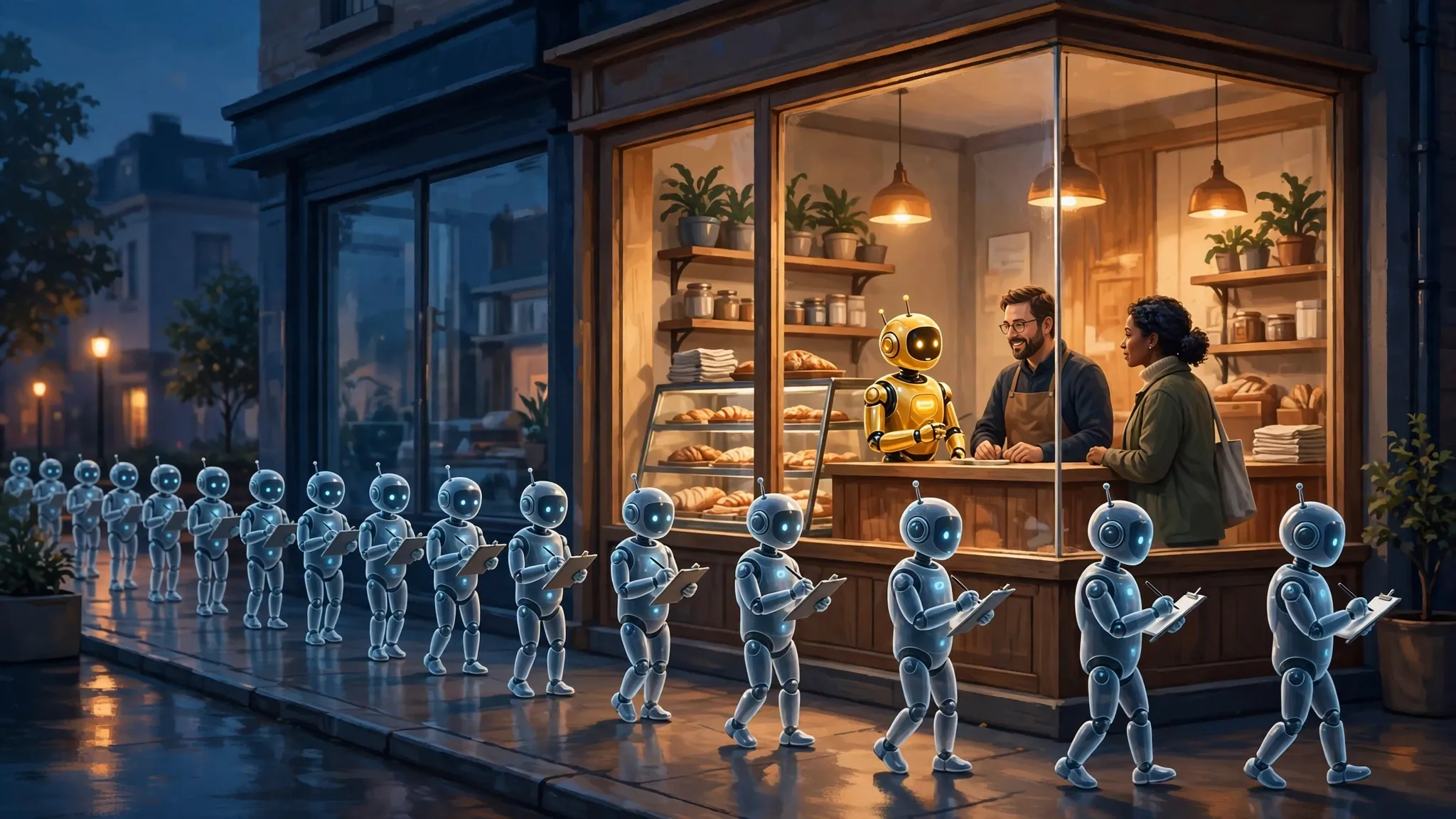 A line of small blue-gray robots with clipboards walks past a warmly lit small business storefront at dusk, reading and filing it away, while inside a single golden robot talks with the owner and a customer at the counter.