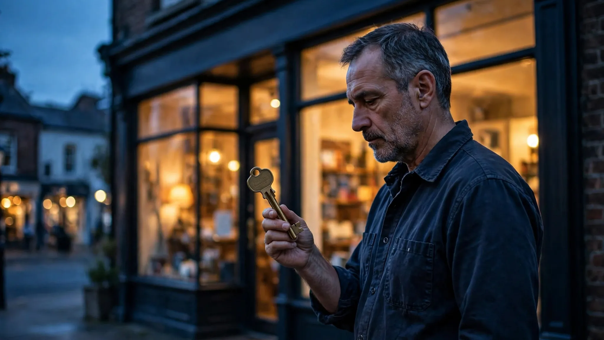 A small business owner stands at dusk in front of his warmly lit storefront, holding a large brass key and looking down at it with a thoughtful expression.