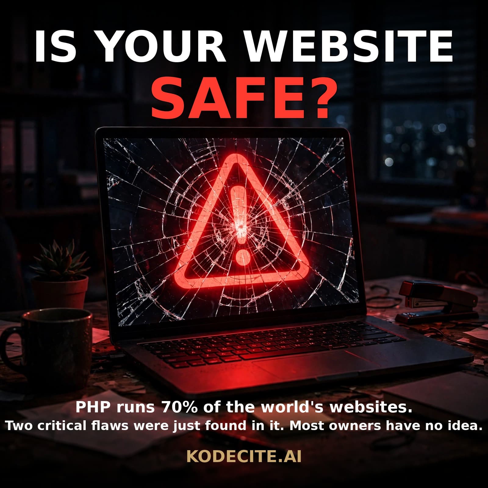 A laptop in a dark office with a cracked screen showing a glowing red warning triangle, illustrating a website security emergency.