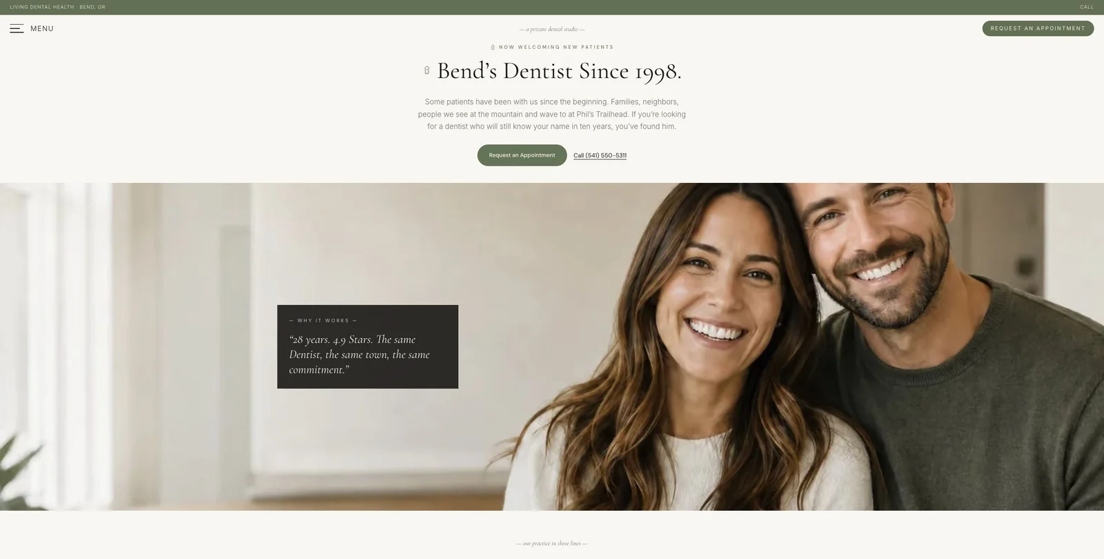 Living Dental Health homepage with its Bend dentist introduction, appointment link and a smiling couple.