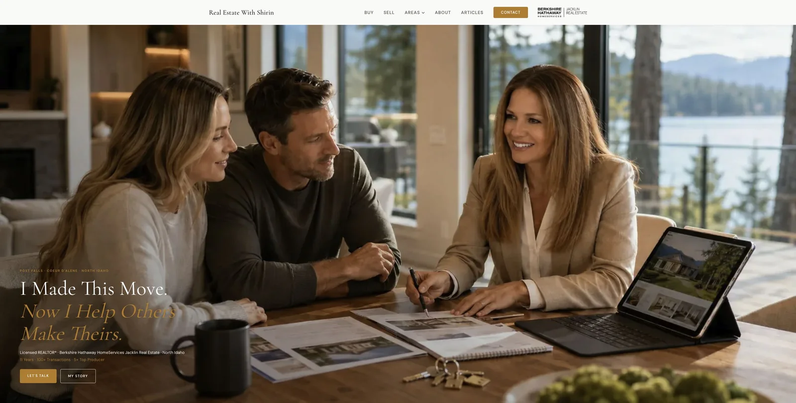 Real Estate With Shirin homepage with a North Idaho real estate consultation scene and her personal relocation message.